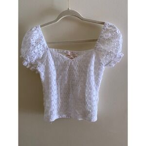 Monteau White Lace Puff Sleeve Smocked Crop Top Cottagecore Women's M‎